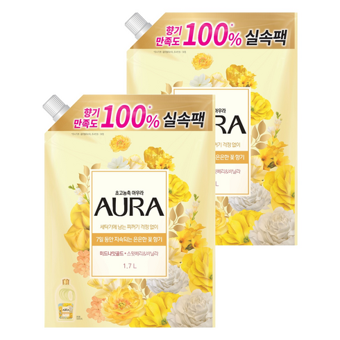 아우라 초고농축 섬유유연제 미드나잇골드 플러스 리필, 1.7L, 2개