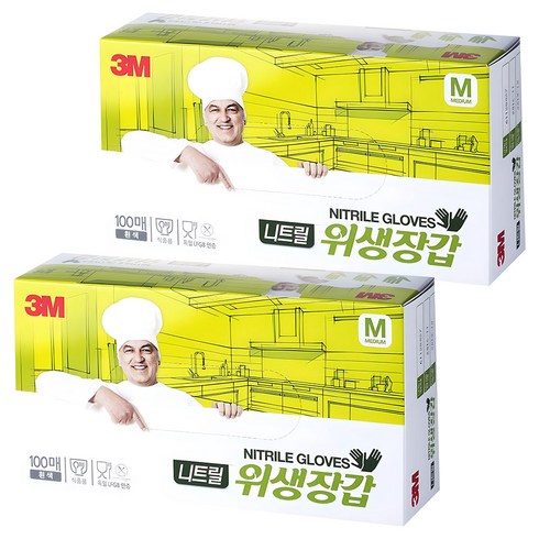 쓰리엠 니트릴 위생장갑 100p, 화이트, M, 2개