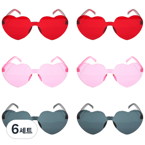 파티공구 무테 하트안경 3종 x 2p 세트, 레드, 핑크, 블랙, 6세트