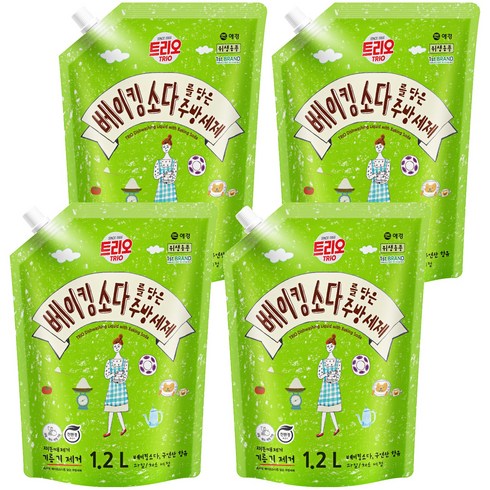 트리오 베이킹소다를 담은 주방세제 라임향 리필, 1.2L, 4개