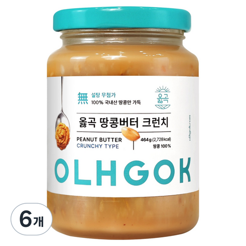옳곡 100% 국내산 땅콩버터 크런치, 464g, 6개