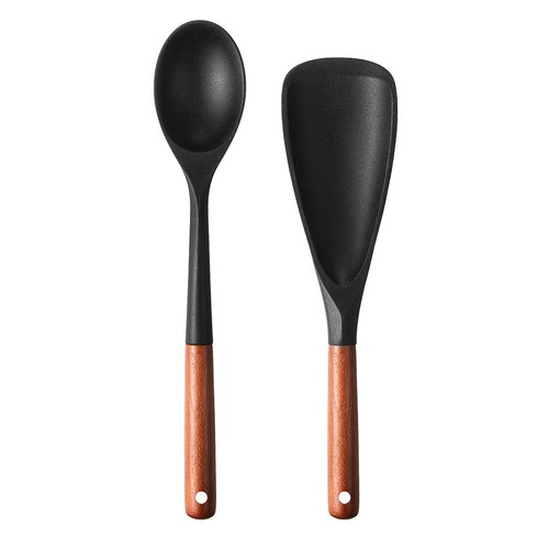 코멧 키친 우드 핸들 실리콘 조리도구 2종 세트, 블랙, 1세트, 볶음 스푼 + 멀티 스푼