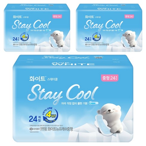 화이트 스테이쿨 생리대 날개형, 중형, 24개입, 3세트