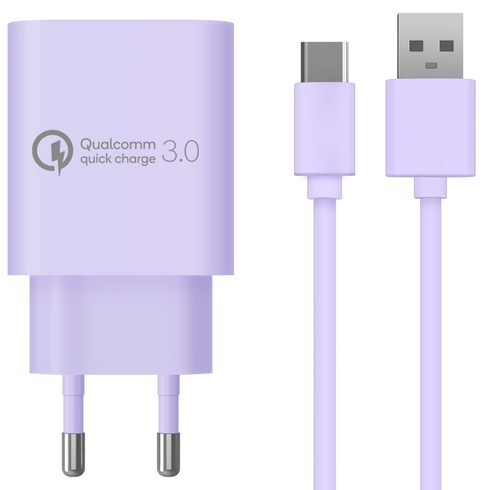 홈플래닛 퀄컴 공식인증 QC3.0 18W 고속충전기 + C타입 충전케이블 1.2m 세트, 퍼플, 1세트
