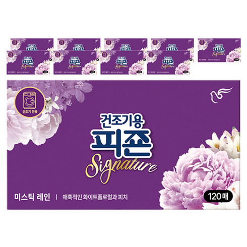 피죤 건조기용 시트 섬유유연제 미스틱레인 본품, 120개입, 10개