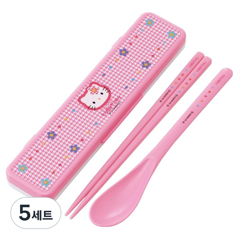 스케이터 CCS3SAAG 스푼 + 젓가락 18cm + 항균케이스 세트, 핑크 헬로키티, 5세트, 스푼+젓가락+케이스