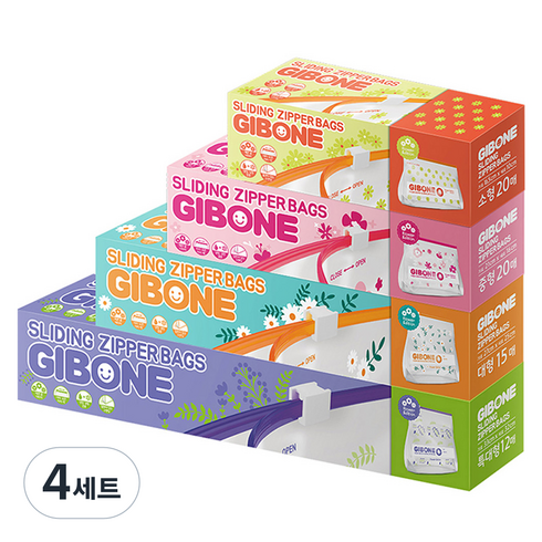 기본에 프레시키퍼 슬라이딩 지퍼백 특대형 12p + 대형 15p + 중형 20p + 소형 20p 세트, 혼합, 4세트