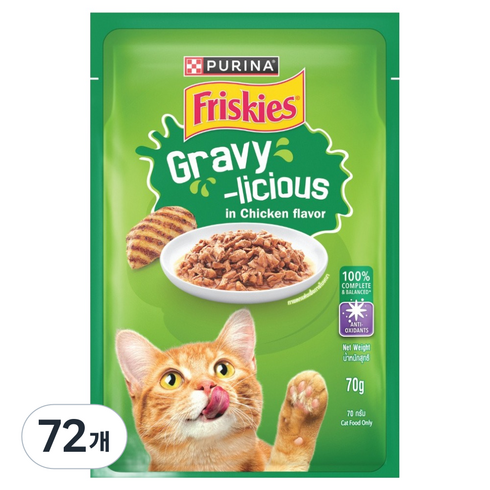 프리스키 고양이 퓨리나 그레이비 치킨 주식 습식 파우치, 닭, 70g, 72개