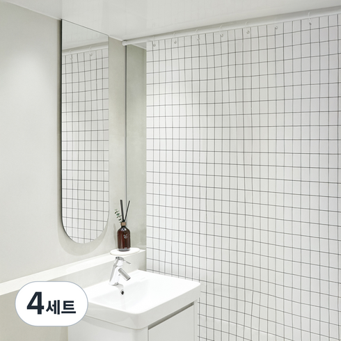까사마루 방수 샤워 커튼 + 커튼링 12p + 샤워봉 세트, 체크(커튼), 4세트