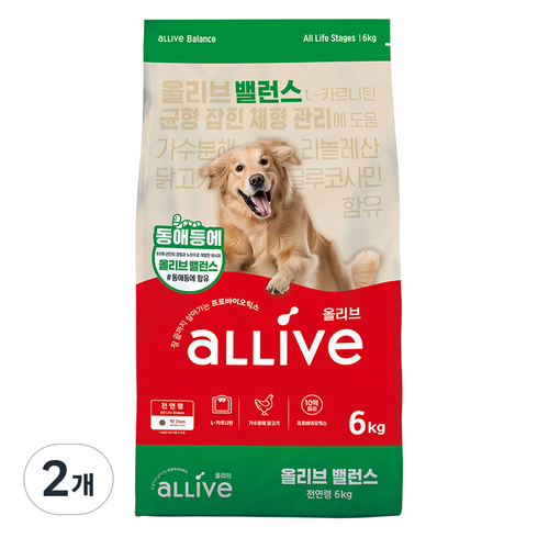 대주펫푸드 강아지 올리브 밸런스 기능성 사료, 관절+장건강, 6kg, 2개