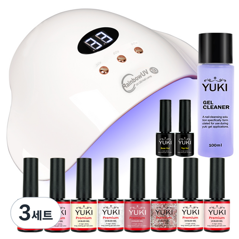 유키 로즈 네일 A세트, 탑젤 10g + 베이스젤 10g + 컬러젤 10g x 8p + 젤클리너 100ml + 젤램프 36W, 3세트