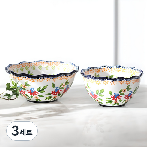 프라카 폴란드풍 도자기 프릴공기 대접 세트, 씨플라워, 공기 + 대접, 3세트