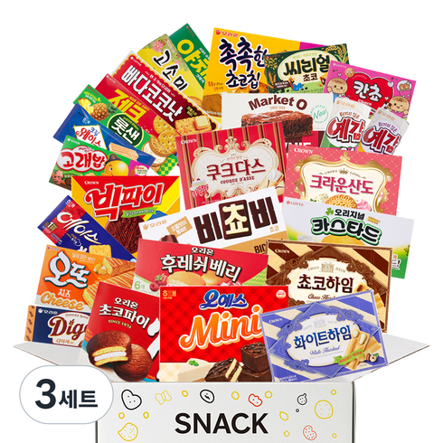 사무실 인기과자 26종 세트, 3세트, 초코파이, 빅파이, 오예스, 오뜨치즈, 후레쉬베리, 카스타드, 크라운 산도 딸기, 에이스, 화이트하임, 쵸코하임,비쵸비,브라우니,쿠크다스 화이트,다이제,예감 2종, 크림웨하스, 고래밥 ,빠다코코낫, 제크 외 6종
