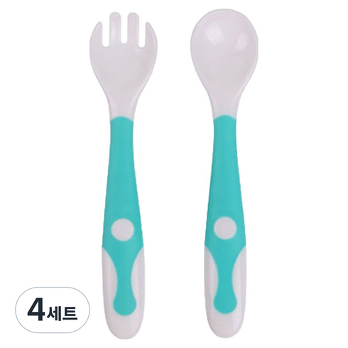 브라비 유아용 자기주도 이유식 숟가락 포크 세트, 그린, 4세트