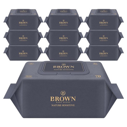 브라운 네이처 센시티브 도톰한 아기 물티슈 엠보싱 저자극 캡형, 73g, 70개입, 10개