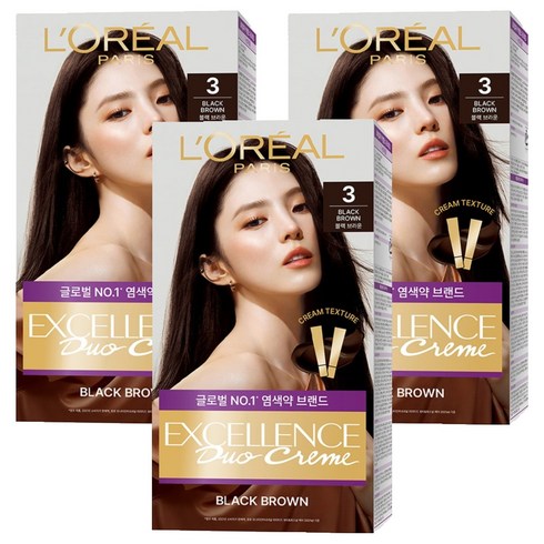 로레알파리 엑셀랑스 듀오크림 나눠쓰는 새치염색 염모제, 3호 블랙 브라운, 3개