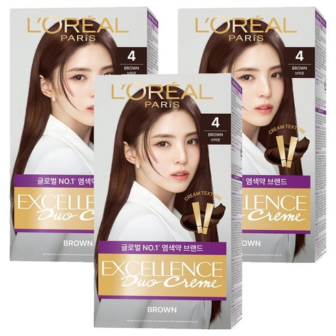 로레알파리 엑셀랑스 듀오크림 염모제, 4 브라운, 3개