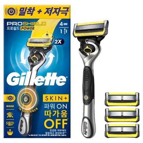 질레트 밀착 저자극 프로쉴드 파워 면도기 핸들 + 면도날 4입, 5개입, 1세트