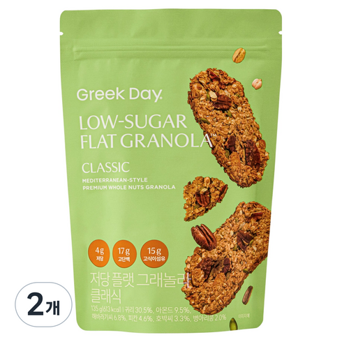 그릭데이 저당 플랫 그래놀라 클래식, 135g, 2개