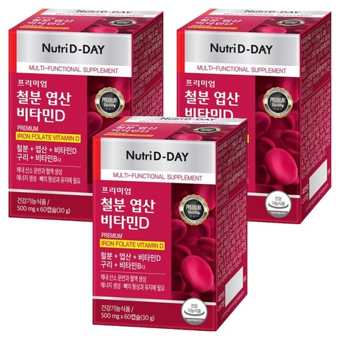 뉴트리디데이 프리미엄 철분 엽산 비타민D 30g, 60정, 3개