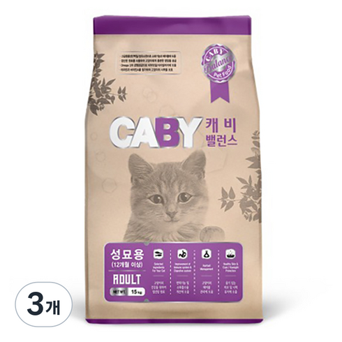 캐비 어덜트 고양이 밸런스 건식사료, 곡물, 15kg, 3개
