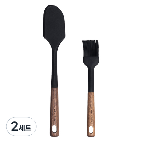 벨라쿠진 월넛우드 실리콘 조리도구 2종 세트, 블랙, 2세트, 오일 브러쉬 + 스파츌라