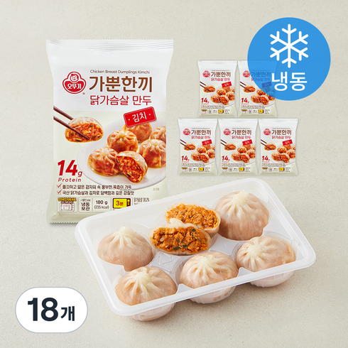 오뚜기 가뿐한끼 닭가슴살 만두 김치 (냉동), 180g, 18개