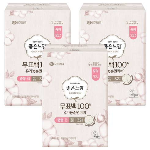 좋은느낌 무표백 유기농 순면커버 맥시슬림 생리대 날개형, 중형, 32개입, 3개
