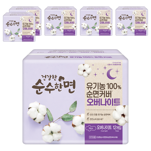 순수한면 생리대 날개형, 오버나이트, 12개입, 6개