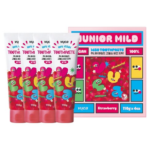 뷰카 주니어 마일드 고불소 구취케어 비건 어린이 치약 딸기향, 110g, 4개