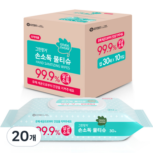 그린핑거 손소독 물티슈 캡형, 30매, 20개