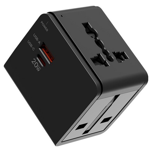 누아트 Gan PD 20W 고속충전 해외 여행용 멀티 어댑터 2포트 C타입 + USB 포트 블랙, 1개