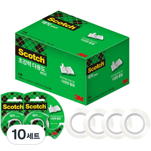 쓰리엠 스카치 매직테이프 디스펜서 2개 + 리필 4롤 18mm x 20m, 반투명, 10세트