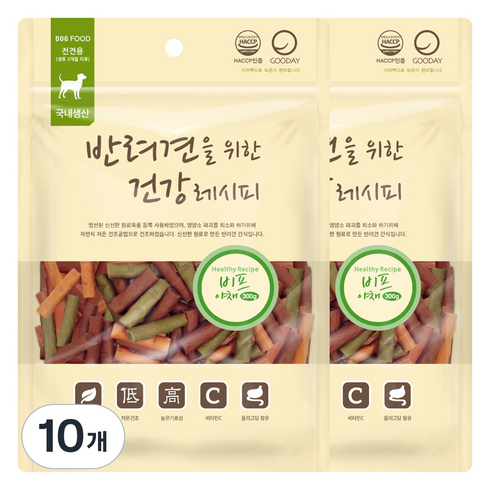 굿데이 반려견을 위한 건강레시피 져키, 혼합맛(비프/야채), 300g, 10개