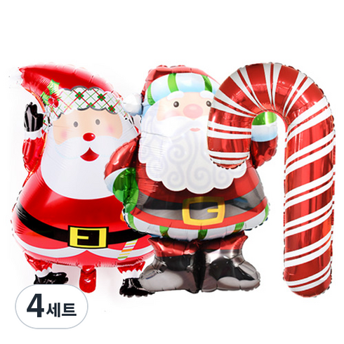크리스마스 은박풍선 주니어쉐잎 + 슈퍼쉐입 2종 세트 + 손펌프 랜덤발송, 산타, 산타할아버지, 캔디지팡이, 4세트