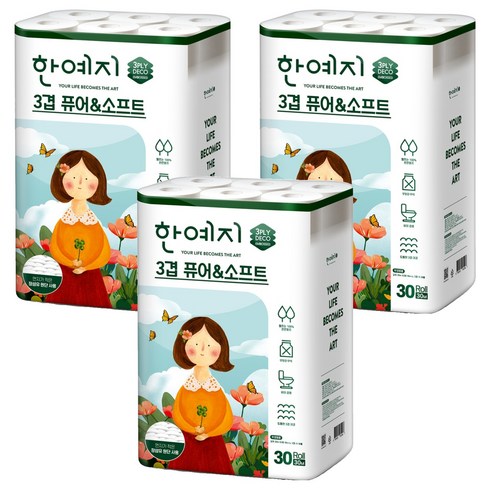 한예지 3겹 퓨어 앤 소프트 데코 화장지, 30m, 30개입, 3개