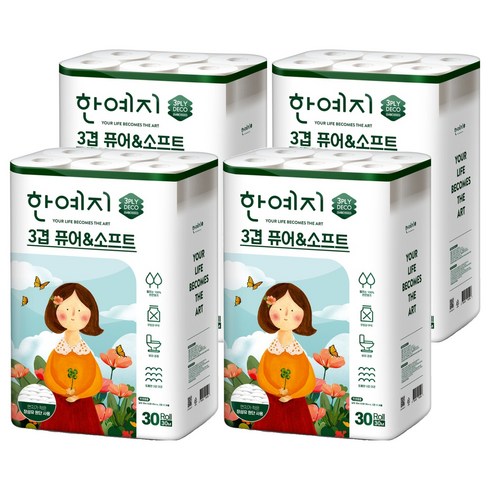 한예지 3겹 퓨어 앤 소프트 데코 화장지, 30m, 30개입, 4개