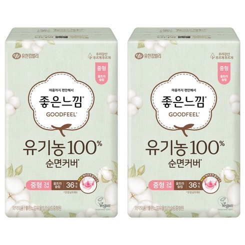 좋은느낌 유기농 순면 울트라슬림 생리대 날개형, 중형, 36개입, 2세트