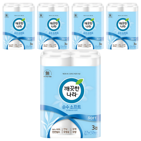 깨끗한나라 순수 소프트 3겹 화장지, 27m, 12롤, 5개