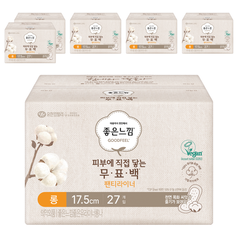 좋은느낌 피부에 직접 닿는 무표백 유기농 순면 팬티라이너, 롱, 27개입, 6개