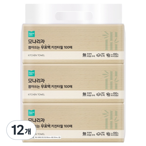 모나리자 뽑아쓰는 무표백 천연펄프 키친타올, 100개입, 12개
