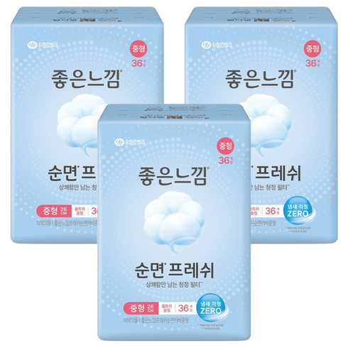 좋은느낌 좋은순면 생리대 날개형, 중형, 36개입, 3개