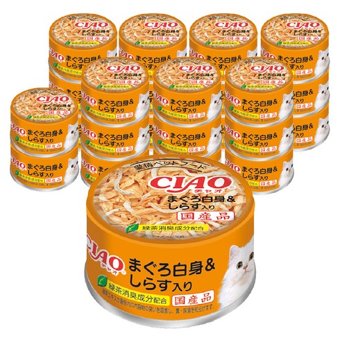 챠오츄르 고양이 이나바 챠오 화이티 간식캔, 혼합맛(참치흰살/치어), 85g, 24개