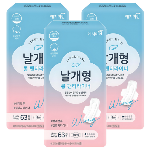 예지미인 데일리 날개형 팬티라이너, 롱, 63개입, 3개