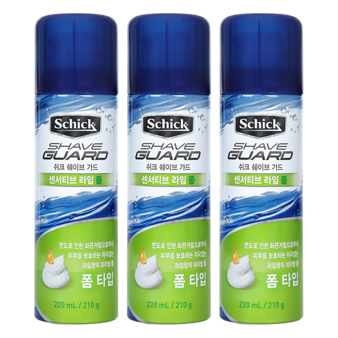쉬크 쉐이브 가드 센서티브 라임 쉐이빙폼, 220ml, 3개