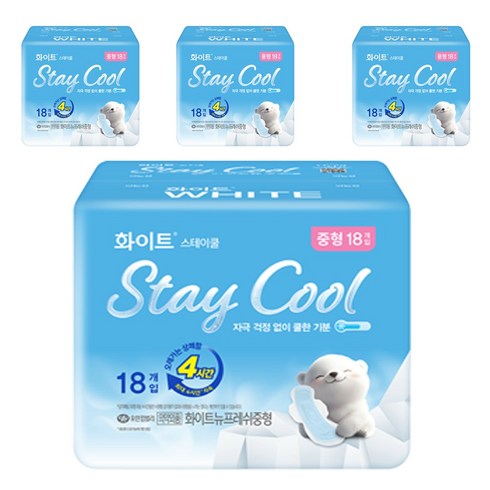 화이트 스테이쿨 생리대 날개형, 중형, 18개입, 4개