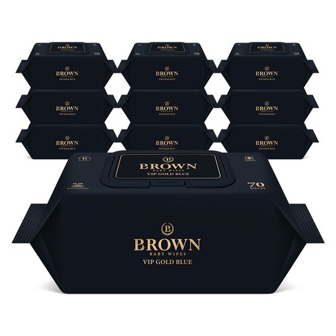 브라운 VIP 골드 블루 도톰한 엠보싱 저자극 아기 물티슈 캡형, 80g, 70매, 10개