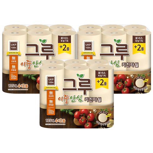 그루 이중안심 천연펄프 키친타올, 6롤, 3개