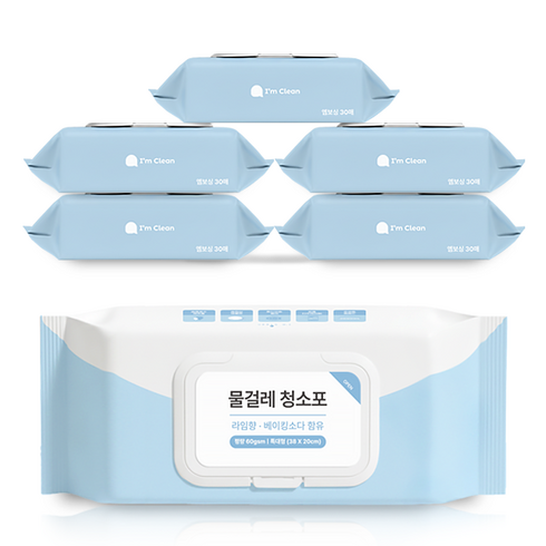 아임클린 물걸레 청소포 특대형 캡형 라임향 30매, 6개