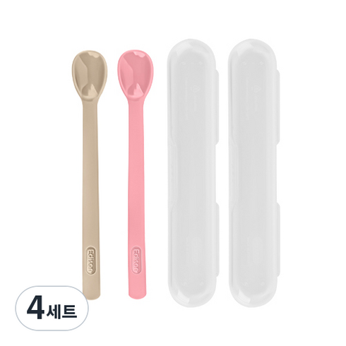 에디슨 실리콘 이유식 스푼 + 케이스 2종 세트 2단계, 베이지 + 핑크, 4세트